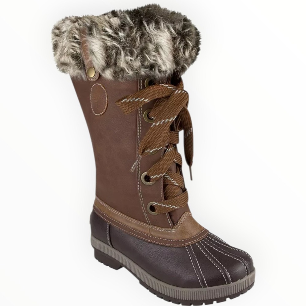 London Fog Melton 2 Brown Faux Fur Lace Up Winter Duck Boots Womens Size 6